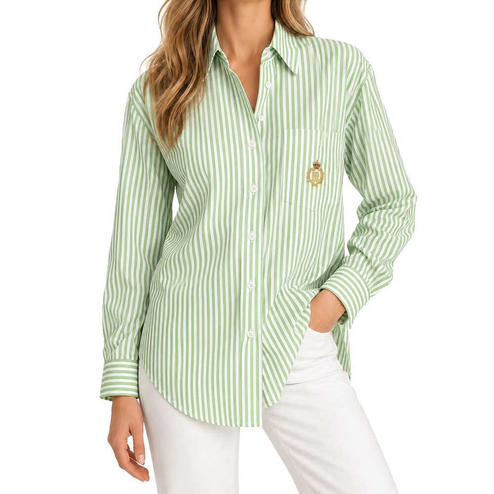 Ralph Lauren Womens 10 Vintage Green White Stripe Cotton Button Down Crest Shirt
